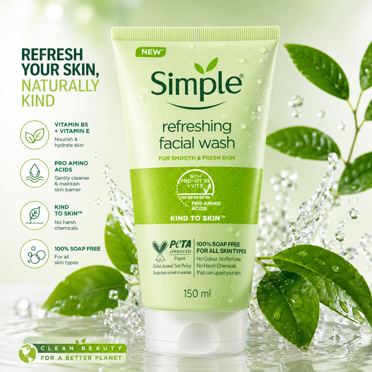 Simple Refreshing Facial Wash 150ml Pro-Vitamin B5 & Vitamin E