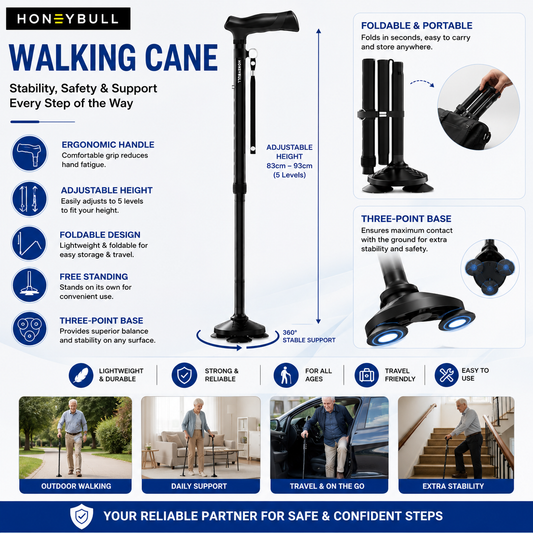 Foldable Walking Cane with Self-Standing 3-Point Base
