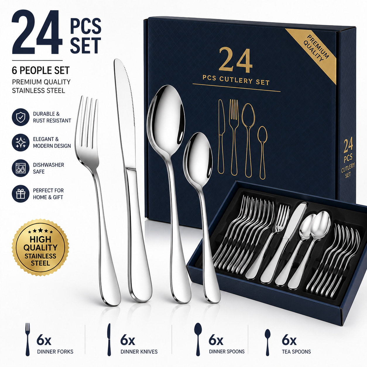 24-Piece Stainless Steel Cutlery Set for 6 Persons