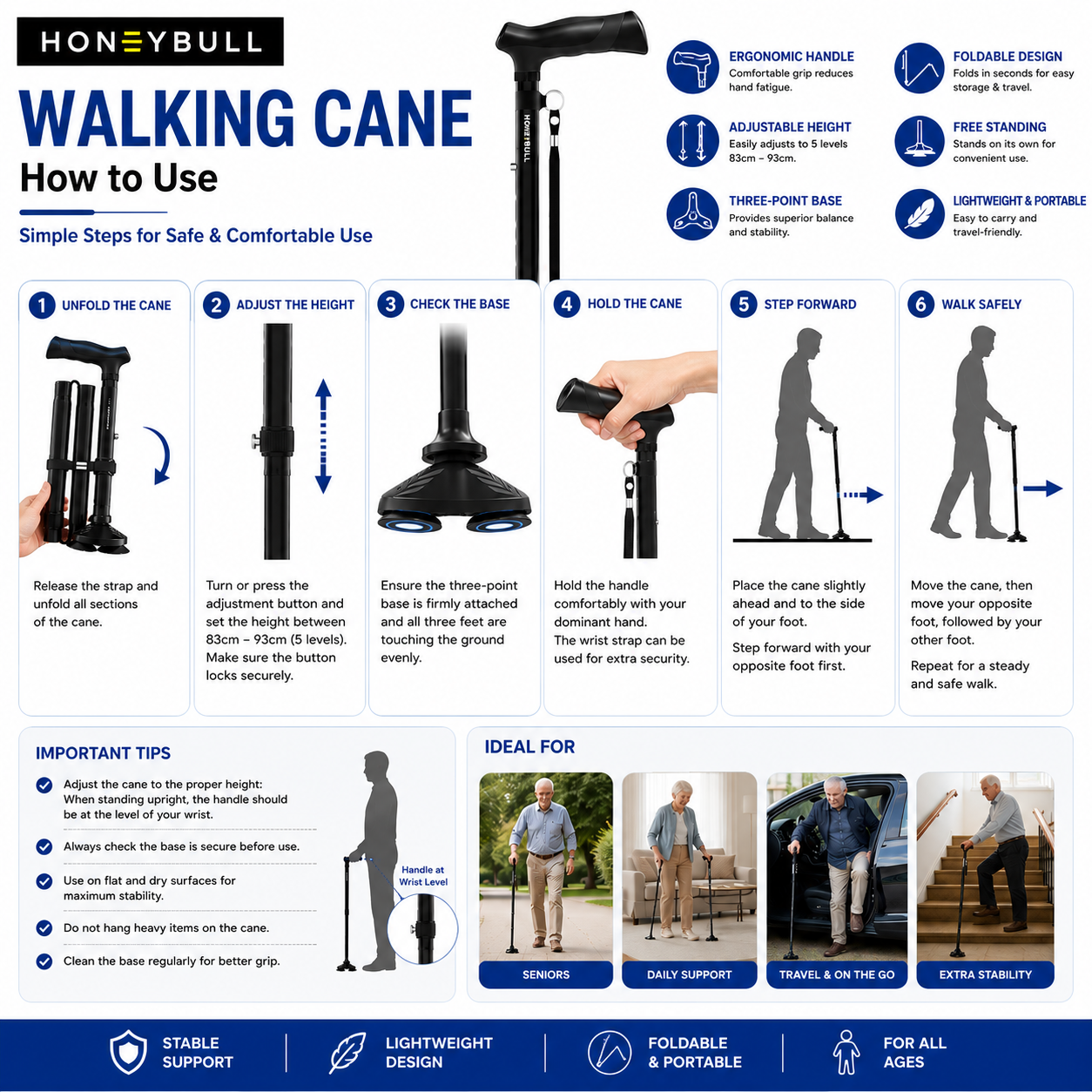 Foldable Walking Cane with Self-Standing 3-Point Base