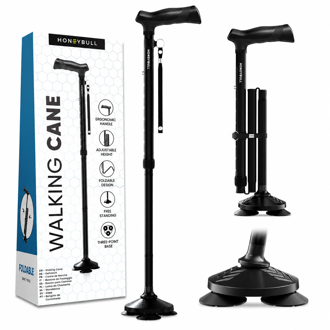 Foldable Walking Cane with Self-Standing 3-Point Base