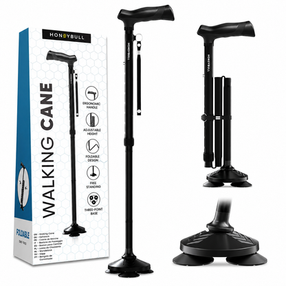 Foldable Walking Cane with Self-Standing 3-Point Base